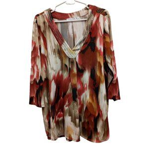 Notations Womens Tunic Top Size 2X Red Tan Abstract Rhinestone Stretch V-Neck